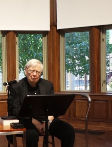 William H. Gass preparing to read for the celebration of his 90th birthday at Washington University.